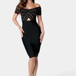 *NWT* Black and Gold Off Shoulder Bandage Midi Dress